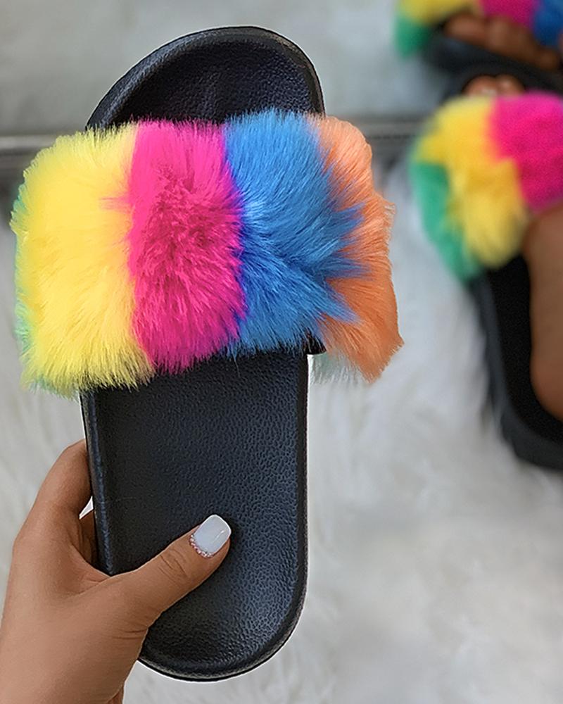 

Colorblock Open Toe Fluffy Slippers, Multicolor