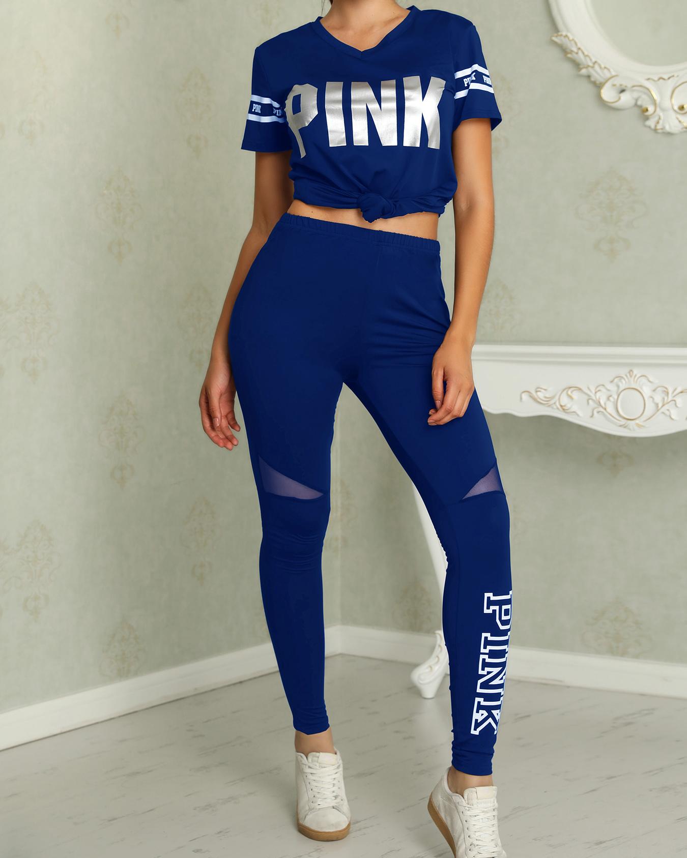 

Letter Print Patchwork Casual Pant Sets, Dark blue