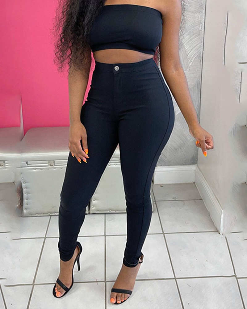 High Waist Buttoned Skinny Pants