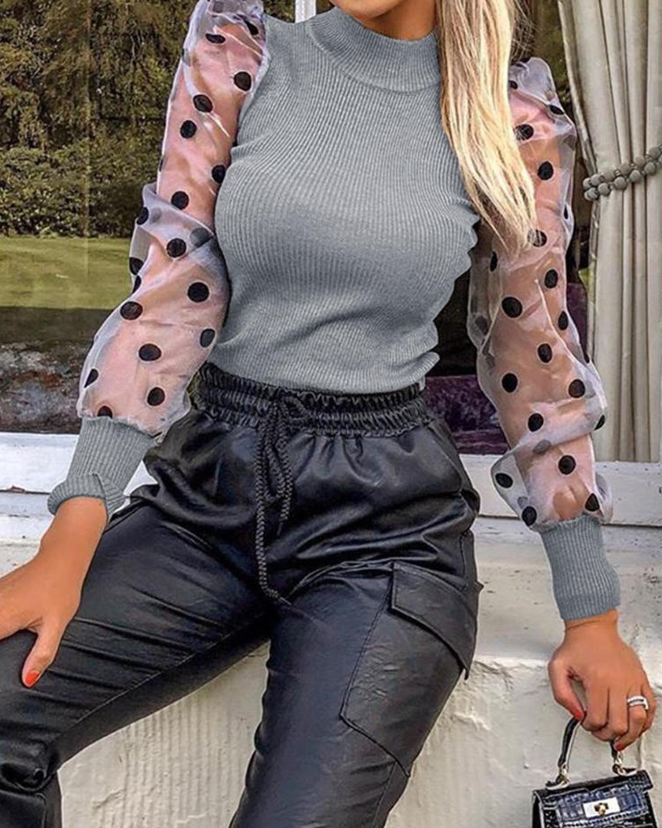 

Dot Mesh Patch Mock Neck Puff Sleeve Blouse Casaul Pullover Knit Top, Gray