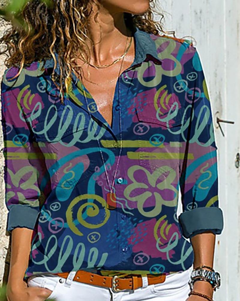 

Button Design Graphic Print Long Sleeve Shirt, Blue