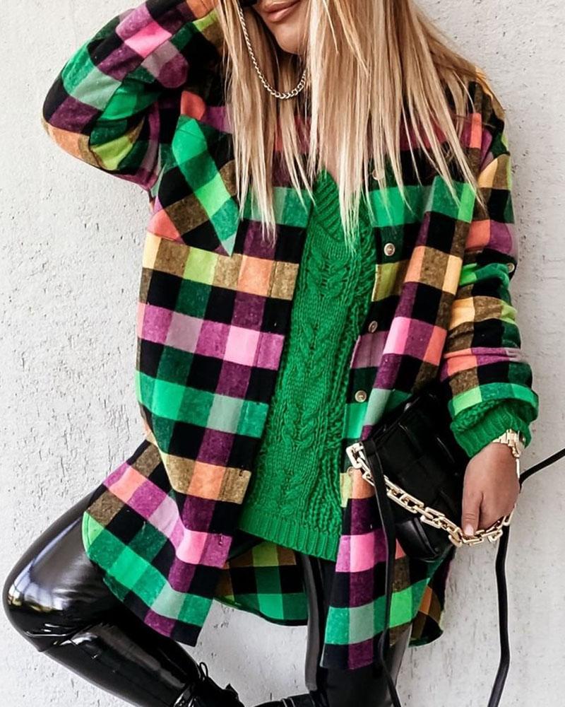 

Plaid Print Corlorblock Buttoned Pocket Design Shacket, Multicolor