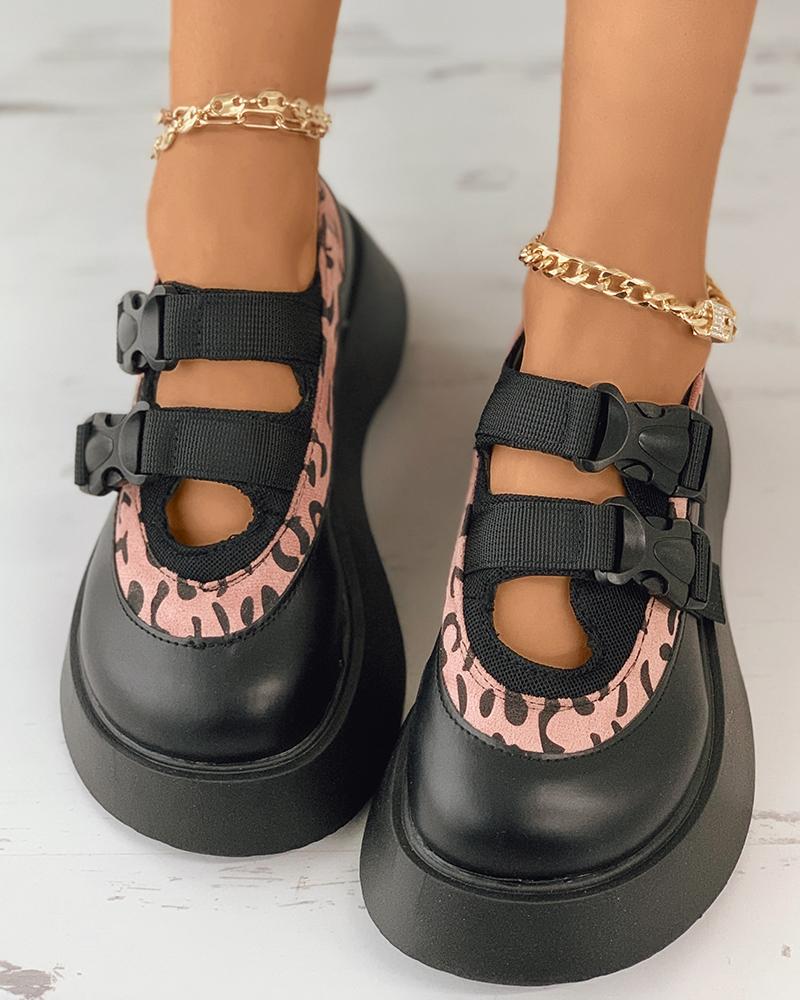 

Buckled Cheetah Print Flatform Slip On Loafer, Black
