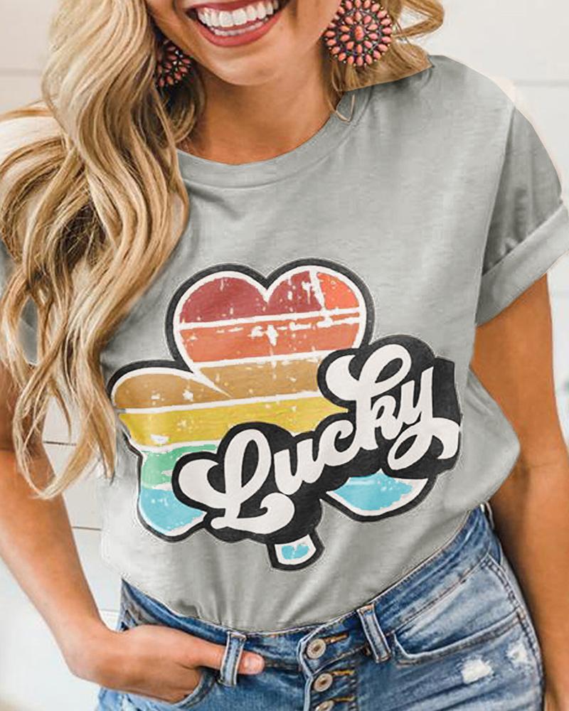 

Letter Clover Print Round Neck Short Sleeve T-Shirt, Gray