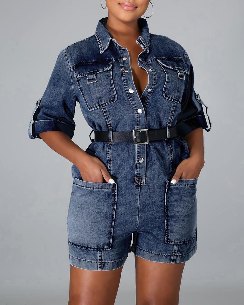 

Buttoned Pocket Design Casual Denim Romper, Blue