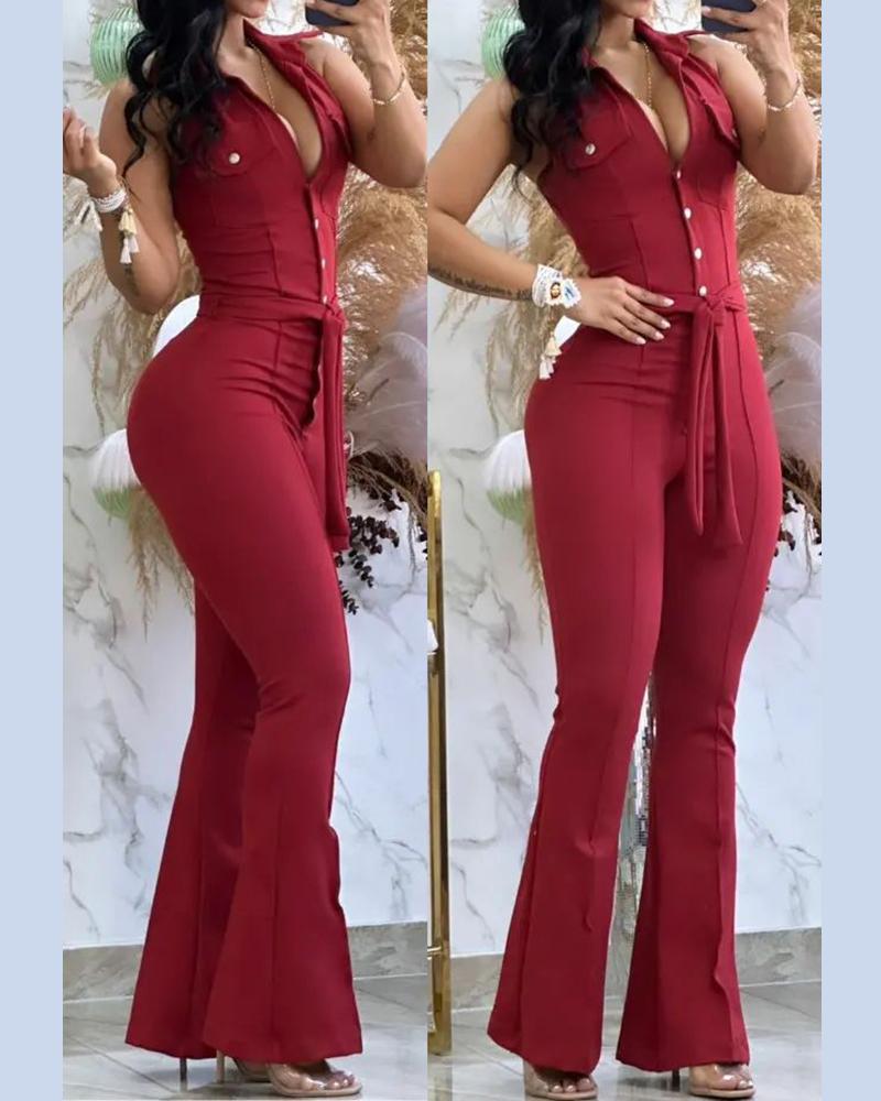 

Turn Down Collar Sleeveless Flared Jumpsuit, Red