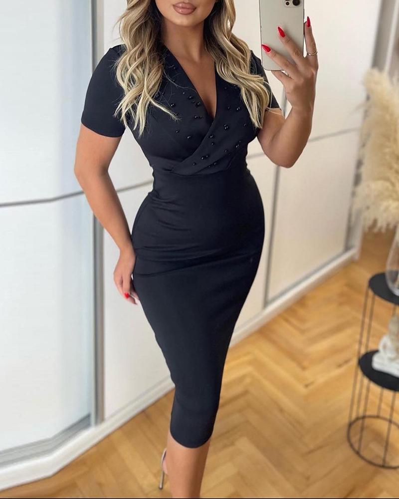 

Beaded Tied Detail V-Neck Party Dress, Black