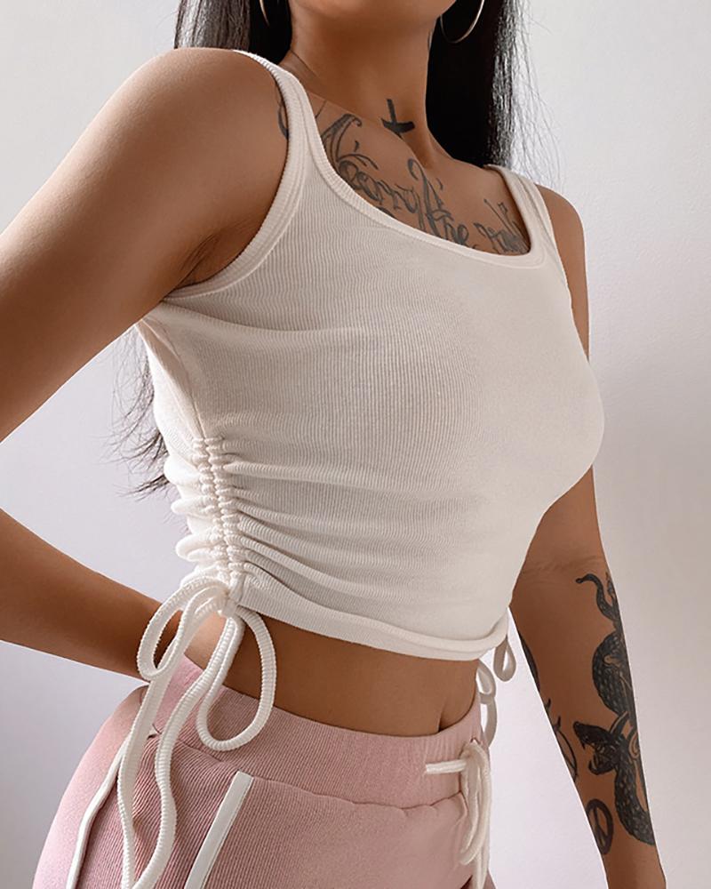 

Ruched Drawstring Sleeveless Knit Top, White