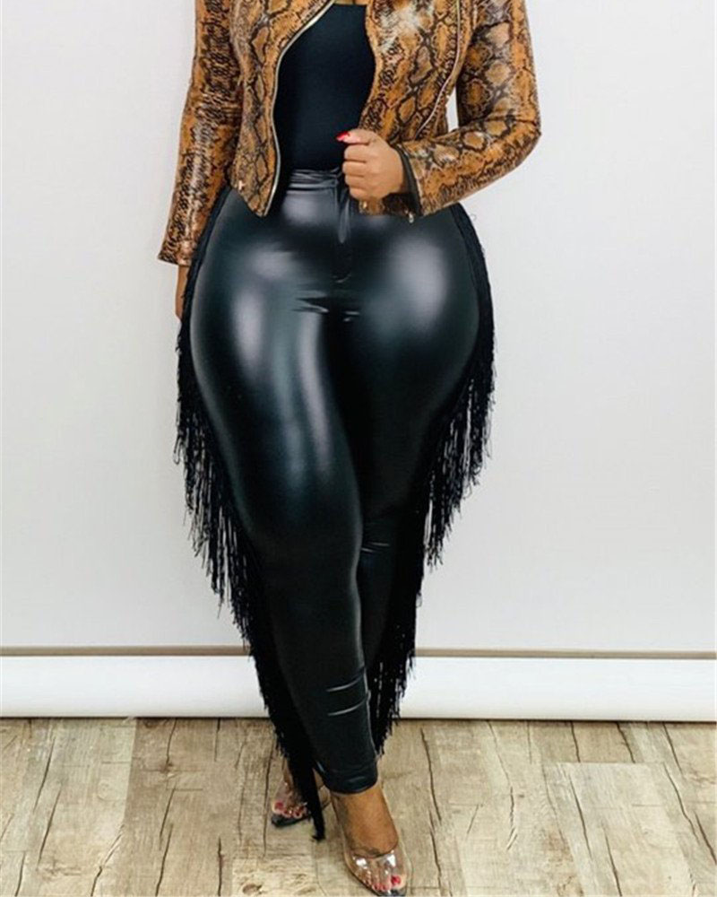 

Plus Size Fringe Trim Skinny PU Leather Pants, Black