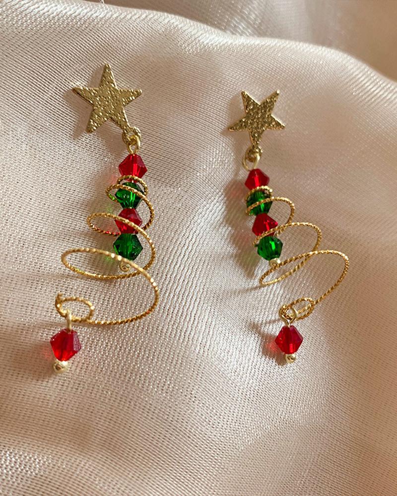 

1Pair Christmas Tree Shaped Beaded Star Drop Earrings, Red