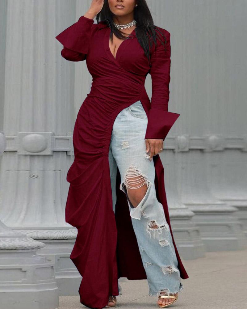 

Plus Size Ruched High Slit Longline Top, Wine red