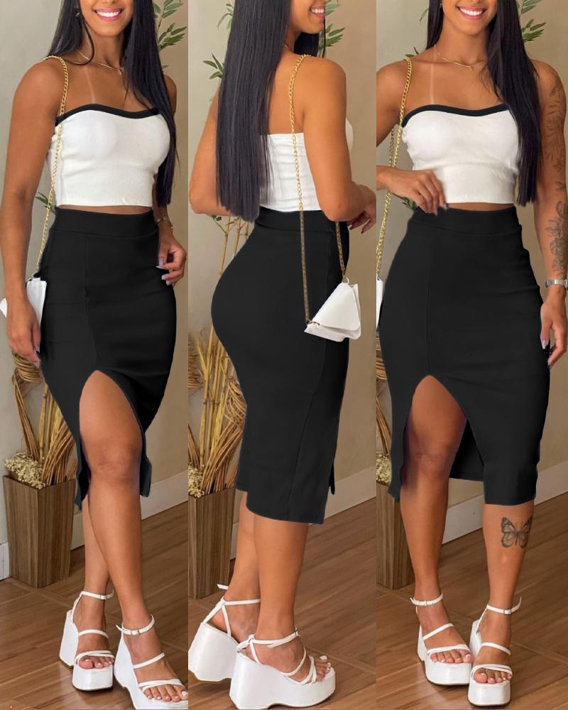 

2 Pieces Colorblock Bandeau Strapless Top and Side Slit Slim Fit Skirt Set, Black