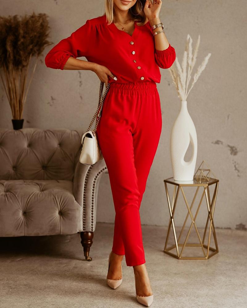 

Button Pocket Design Shirring Detail Jumpsuit, Red