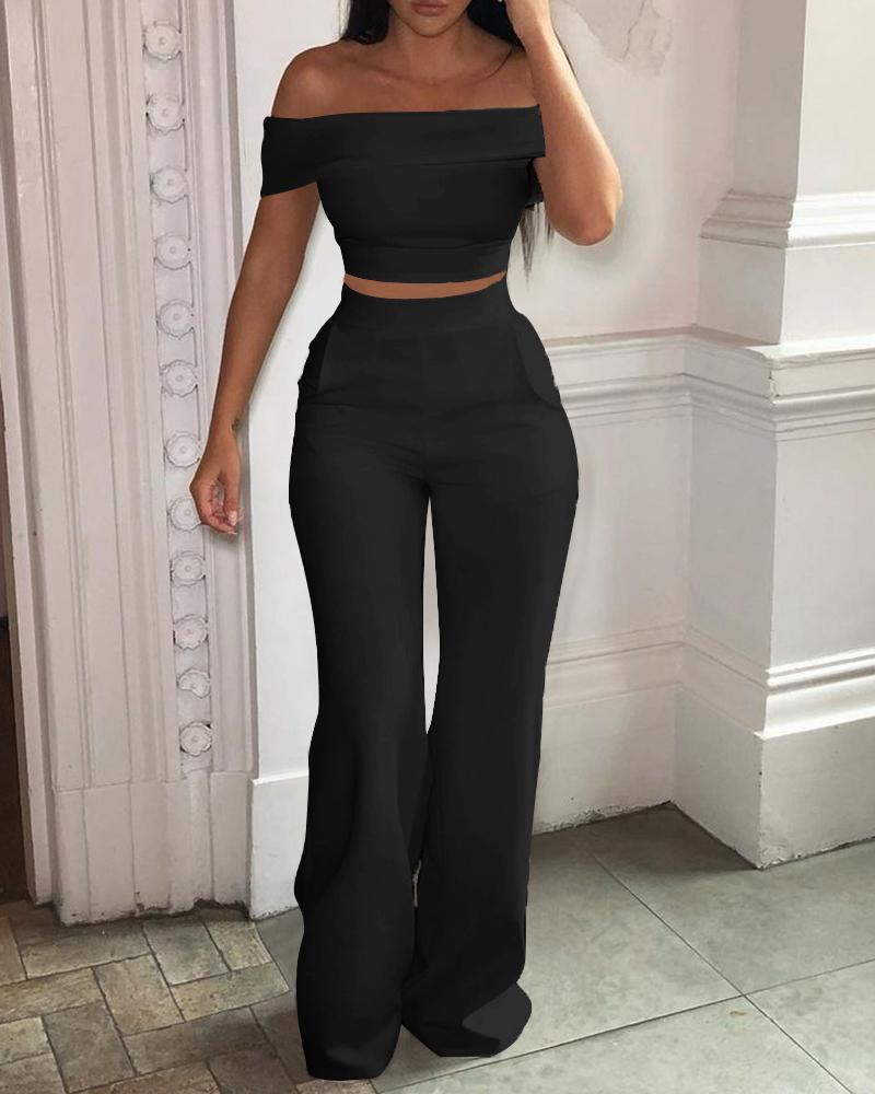 

Off Shoulder Short Sleeve Crop Top & High Waist Pants Set, Black