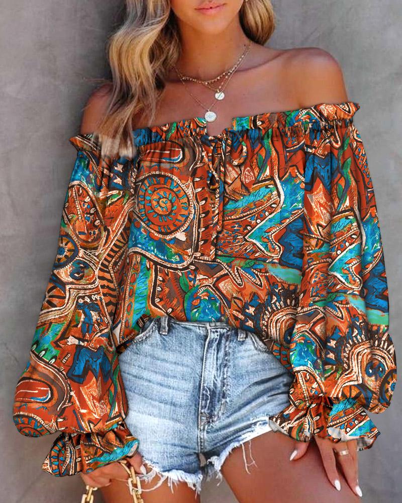 

Tribal Print Off Shoulder Lantern Sleeve Top, Multicolor