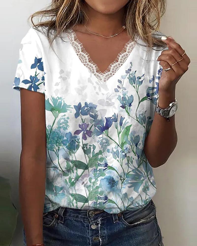 

Plants Print Lace Trim Casual T-shirt, Green
