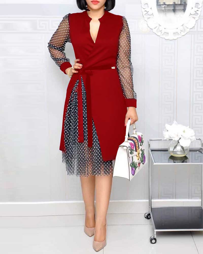 

Polka Dot Print Deep V Neck Long Sleeve Work Dress, Wine red