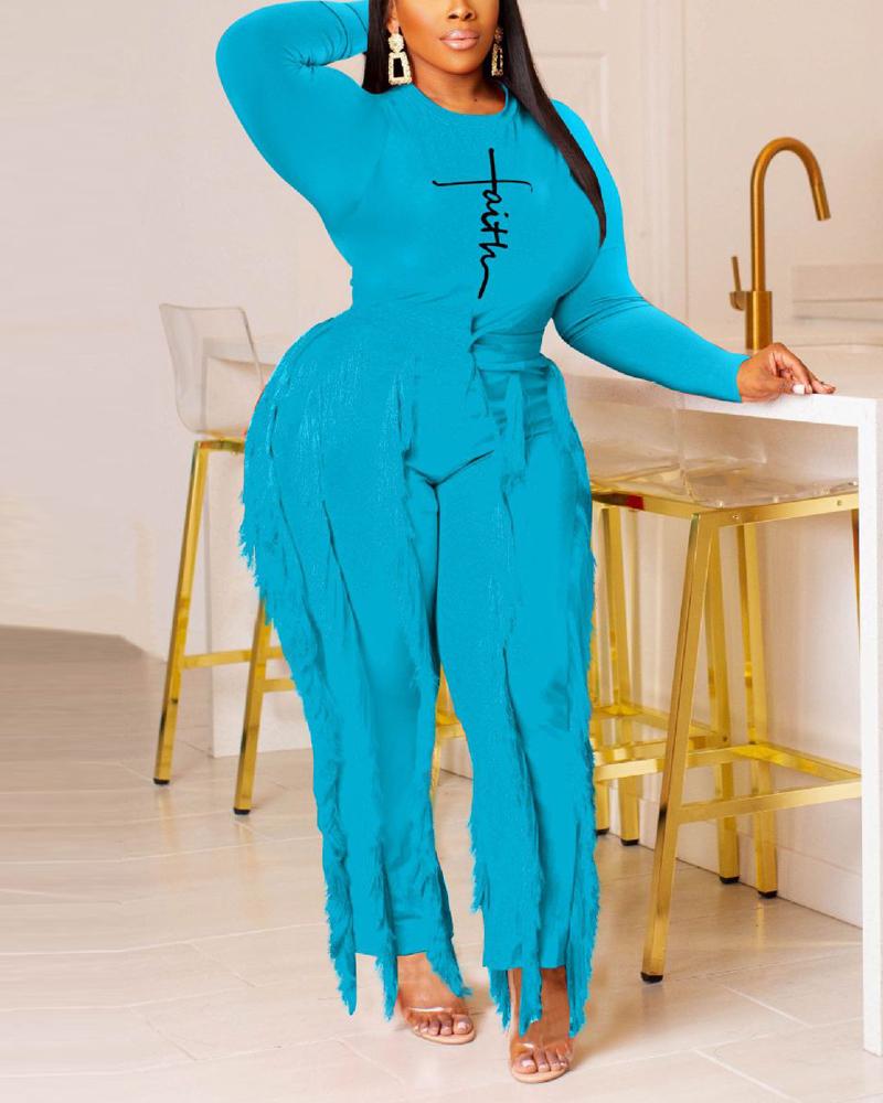 

Letter Print Long Sleeve Top & Tassel Trim Pants Set, Blue