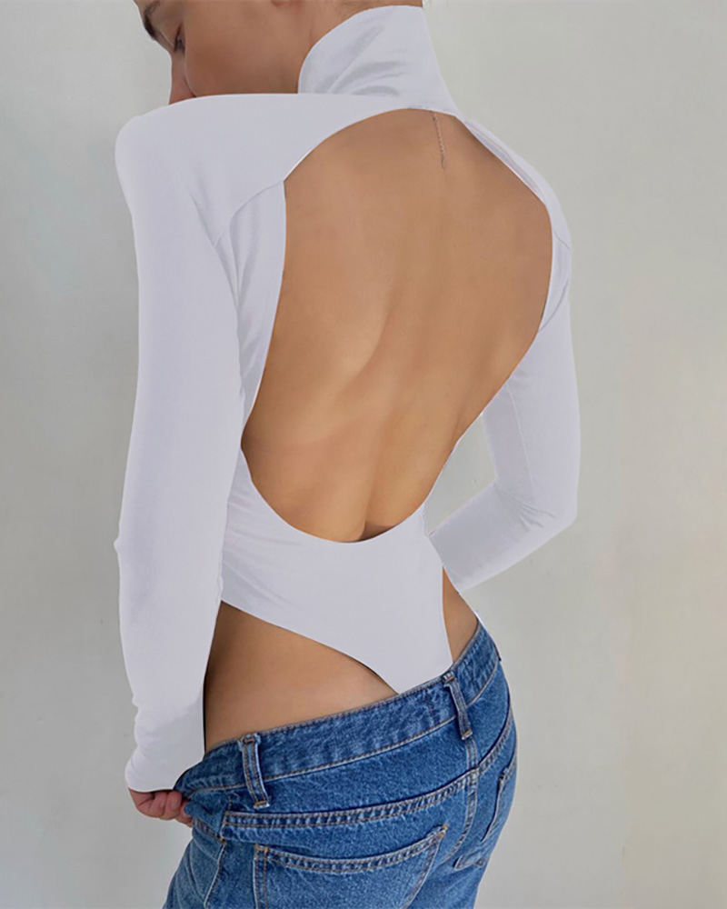 

Backless High Neck Long Sleeve Bodysuit, White