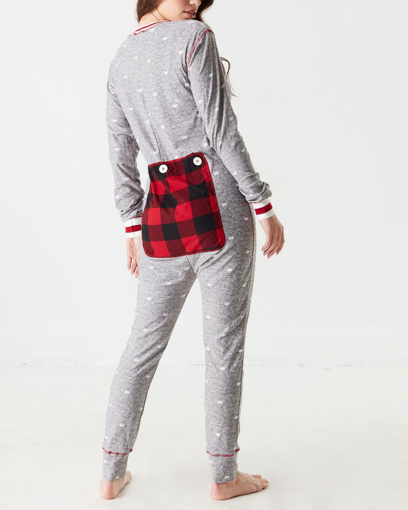 

Christmas Bear Print Functional Buttoned Flap Adult Onesie, Gray