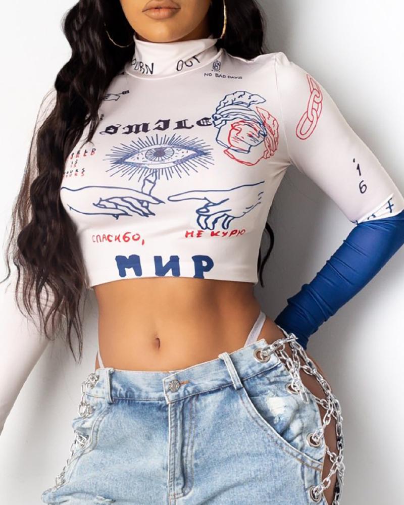 

Mixed Print Colorblock High Neck Crop Top, White
