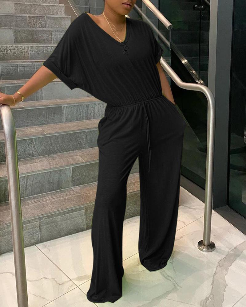 

Short Sleeve Casual Top & Drawstring Ruched Pants Set, Black