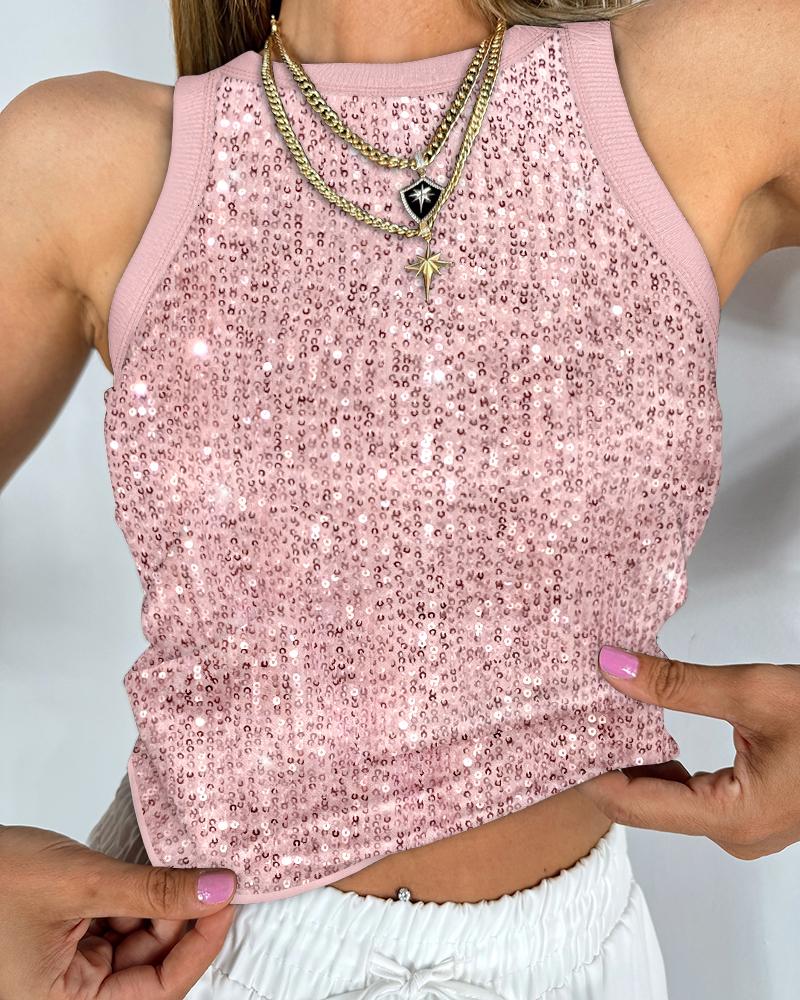 

Débardeur sans manches à col rond et paillettes sur toute la surface Chemise ajustée, Pink