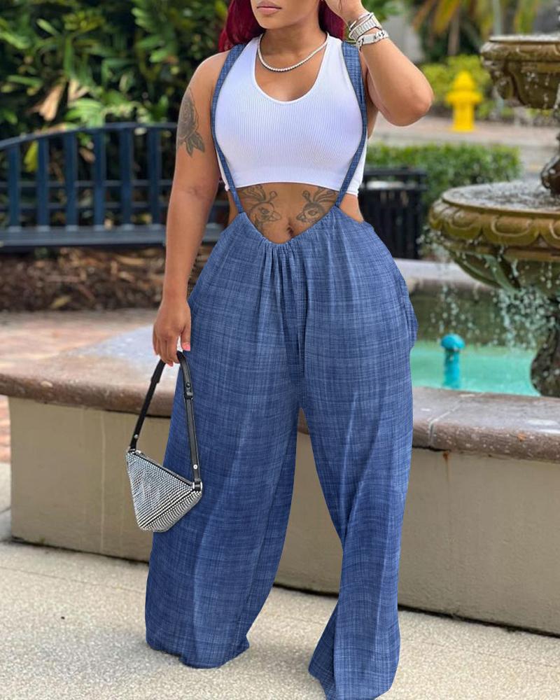 

Casual Wide Leg Suspender Jumpsuit, Blue