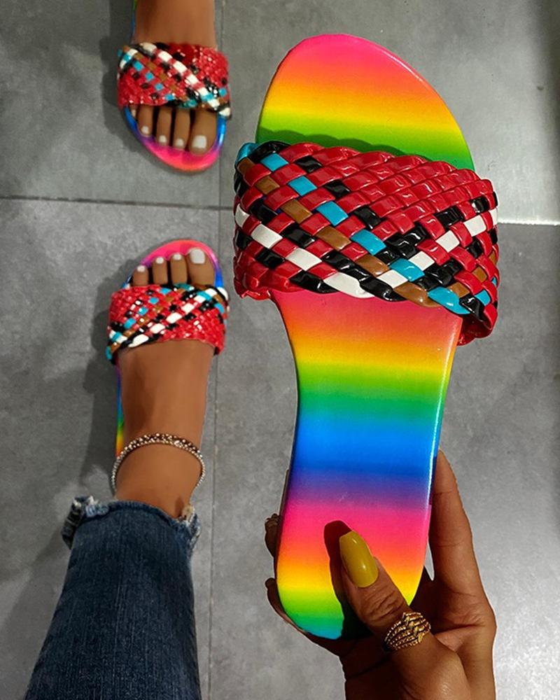 

Round-toe Multicolor Weave PU Leather Flat Slippers, Red