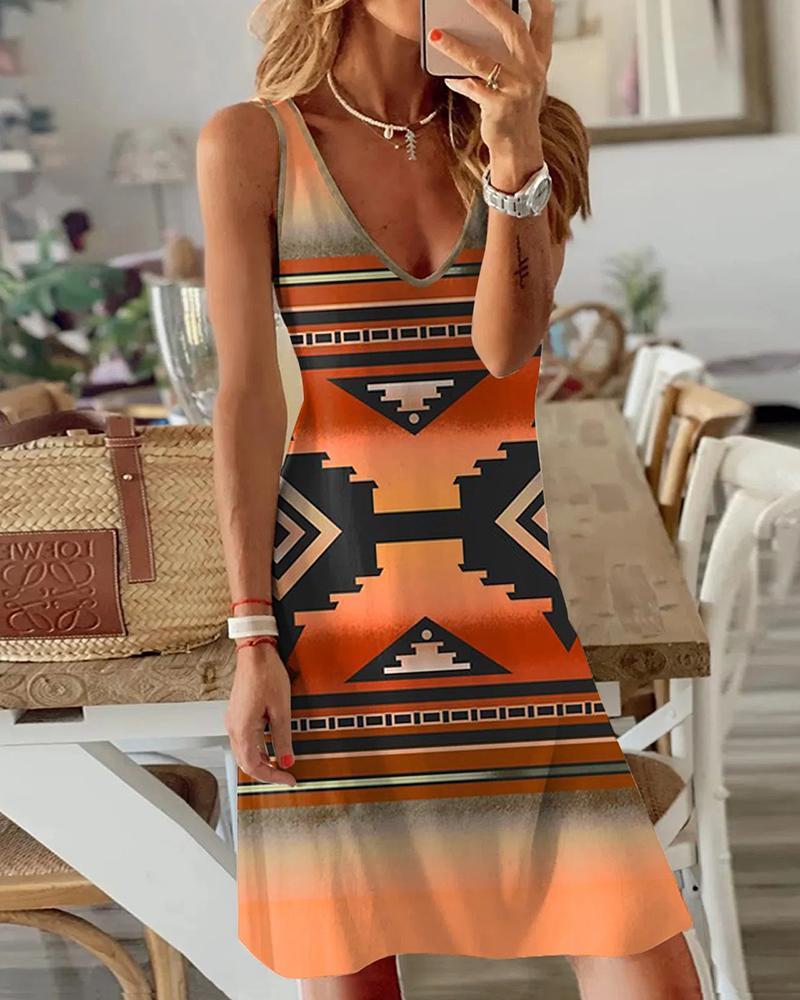 

Tribal Print V-Neck Tank Dress, Orange