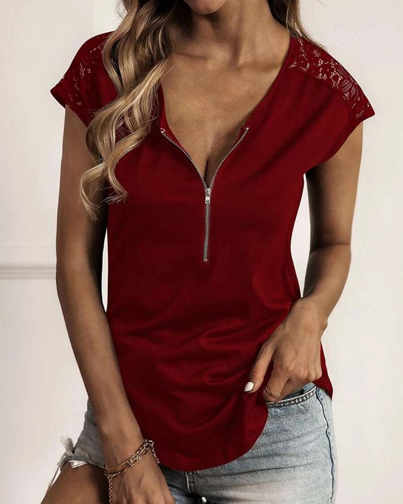 

Contrast Lace Zip Front T-shirt, Wine red