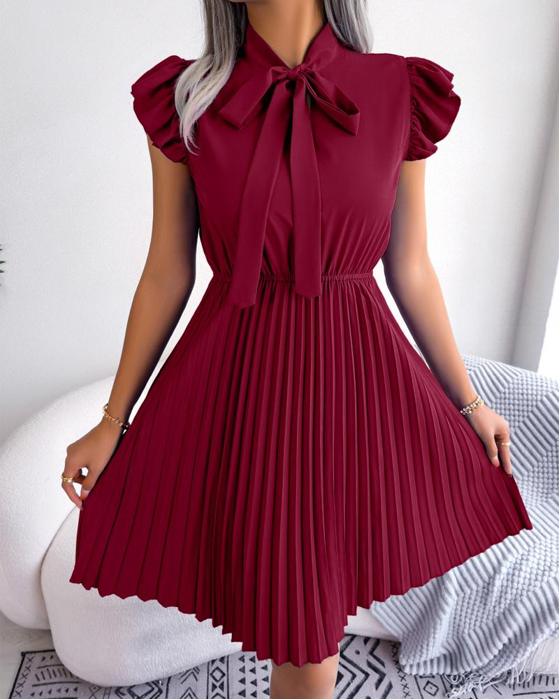 

Flutter Sleeve Pleated Work Dress, Wine red