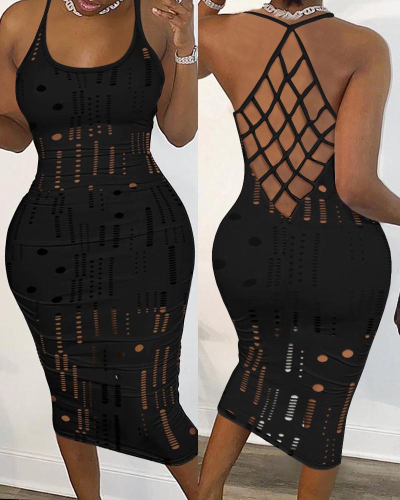 

Hollow Out Fishnet Backless Bodycon Dress, Black