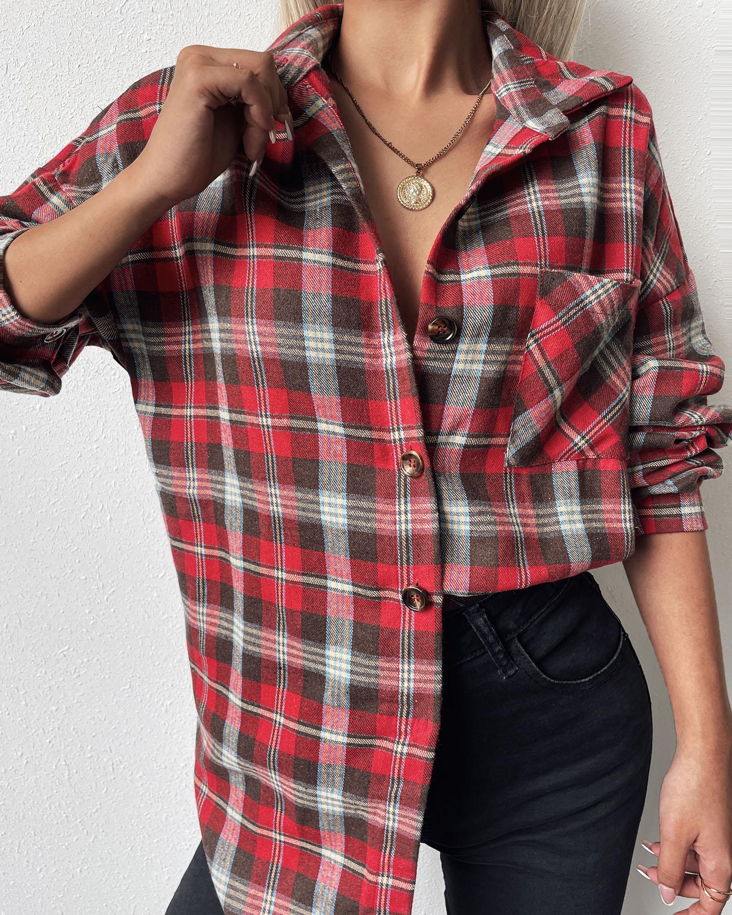 

Long Sleeve Buttoned Pocket Design Plaid Print Colorblock Top, Red