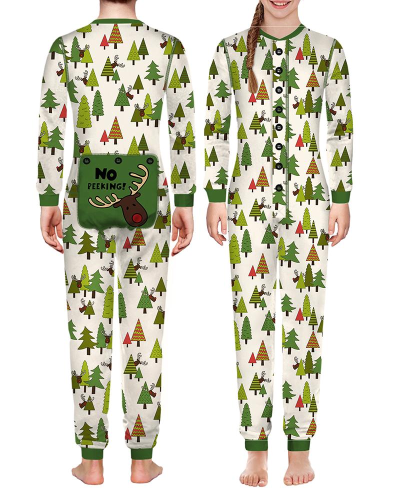 

Christmas Functional Deer Letter Plants Print Family Pajamas For Kids, Green