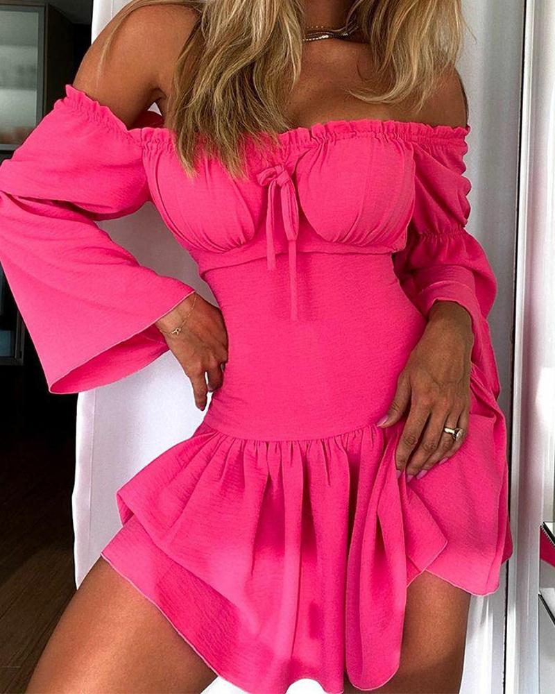 

Solid Off Shoulder Frill Trim Bell Sleeve Casual Dress, Hot pink