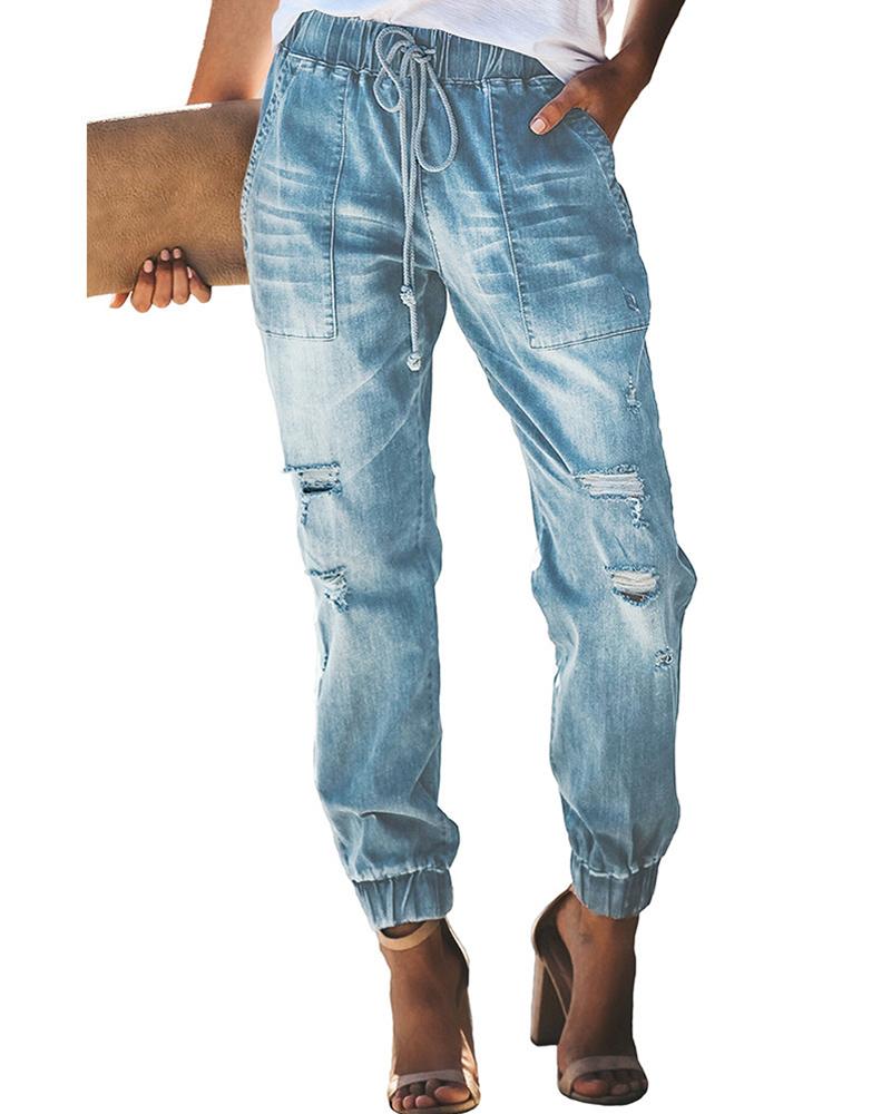 

Ripped Pocket Design Drawstring Denim Pants, Light blue