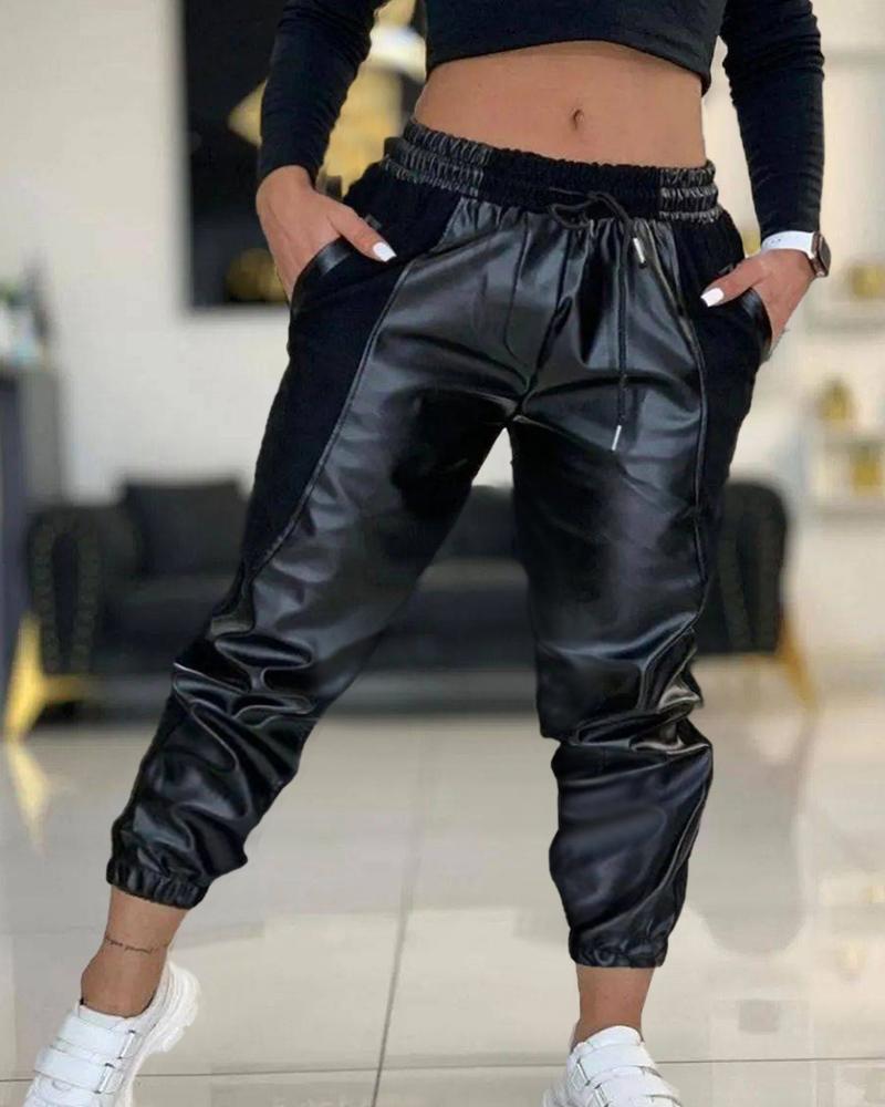 

Plus Size Contrast PU Leather Drawstring Cuffed Pants, Black