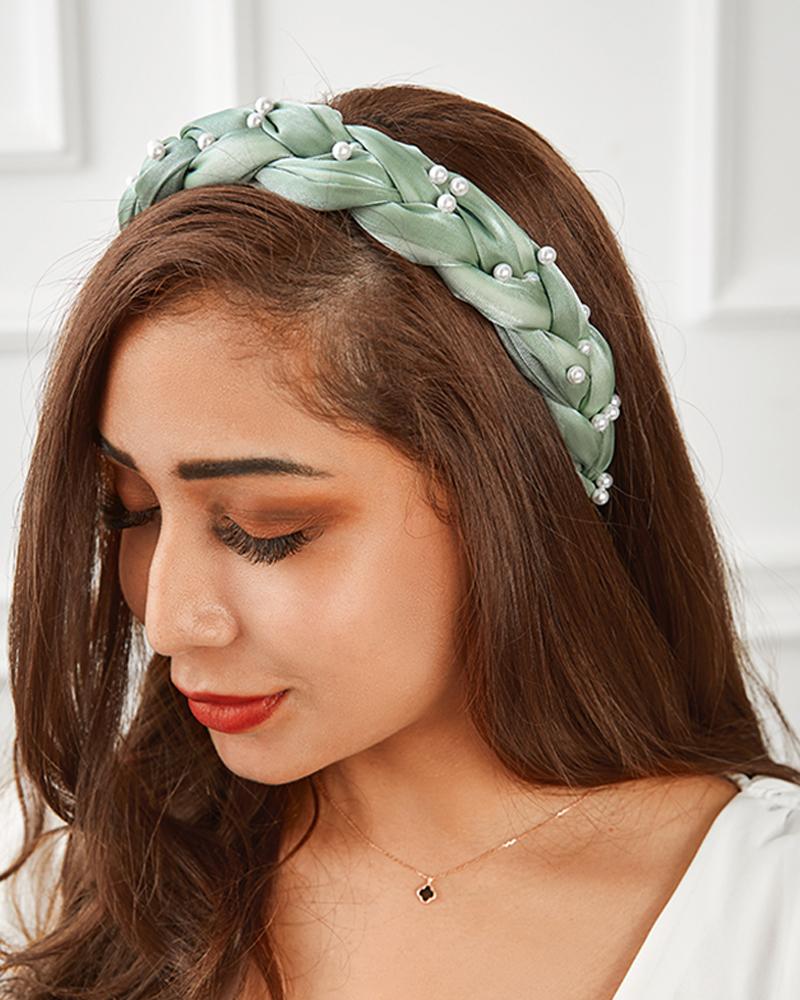 

Faux Pearl Decor Weaving Shape Hair Hoop Accessory Braided Headband, Green