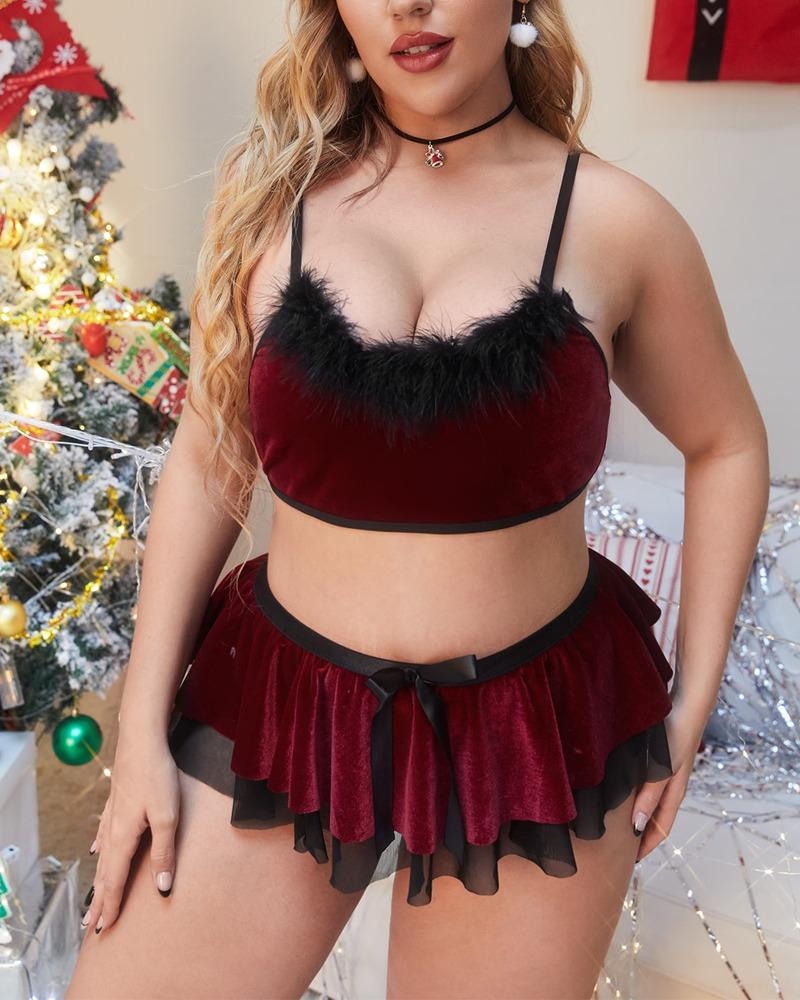 

Plus Size Christmas Fuzzy Trim Contrast Mesh Lingerie Set, Red