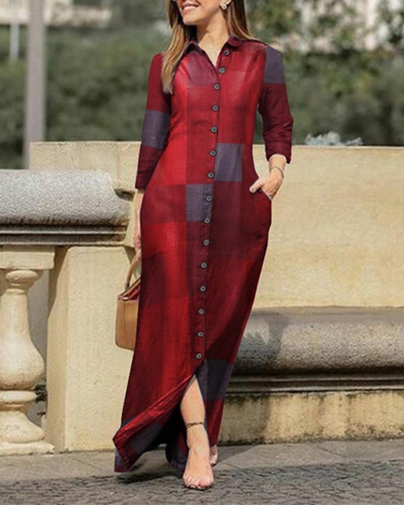 

Plaid Print Button Down Shirt Dress, Red