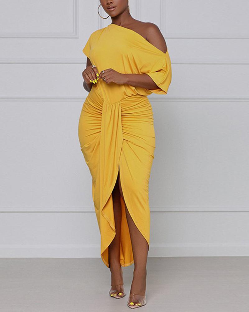 

Solid Color Slash Neck Ruched Asymmetrical Dress, Yellow