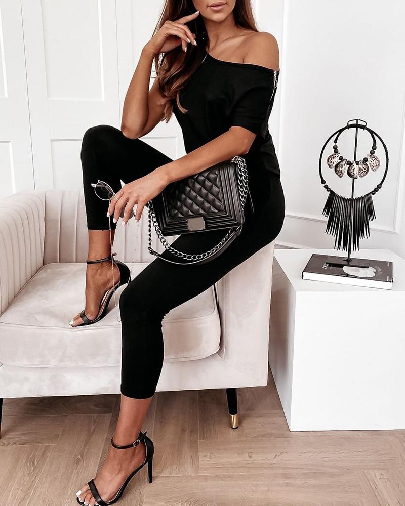 

Zipper Design Round Neck Short Sleeve Jumpsuit, Black