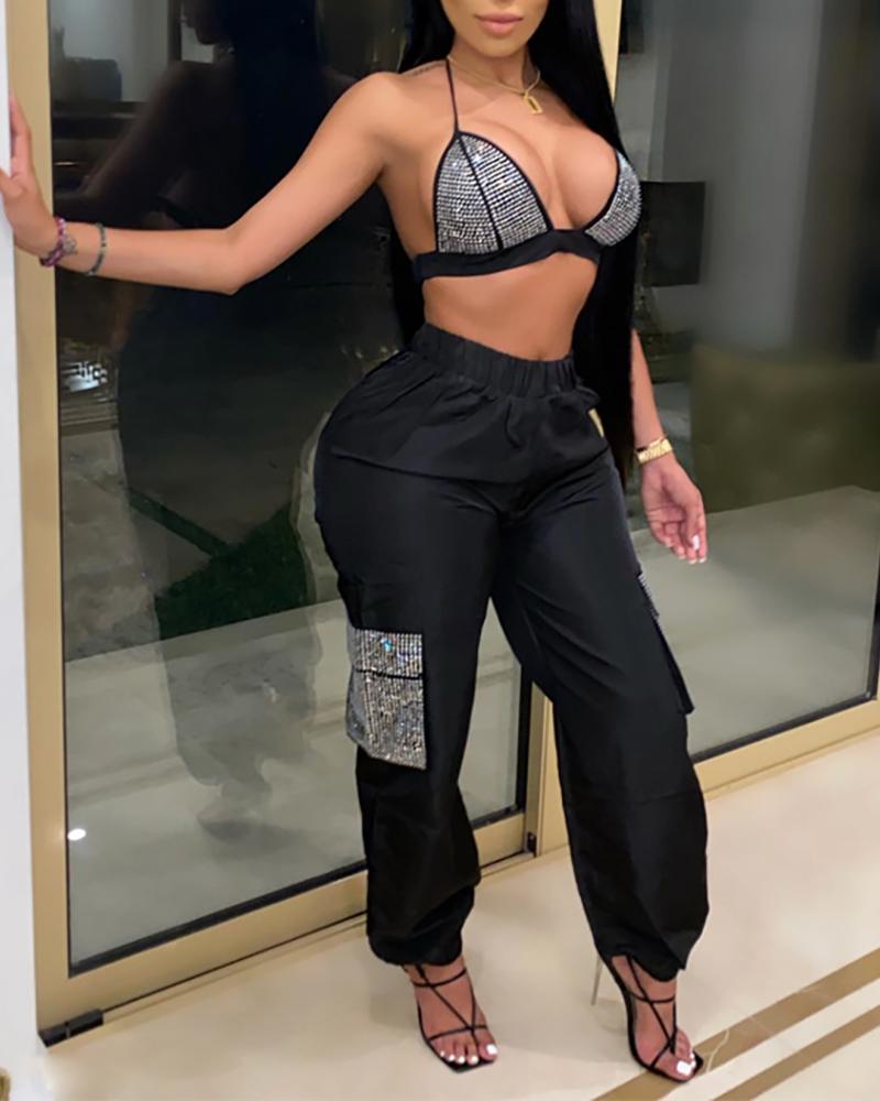 

Rhinestone Halter Crop Top & High Waist Pants Set, Black