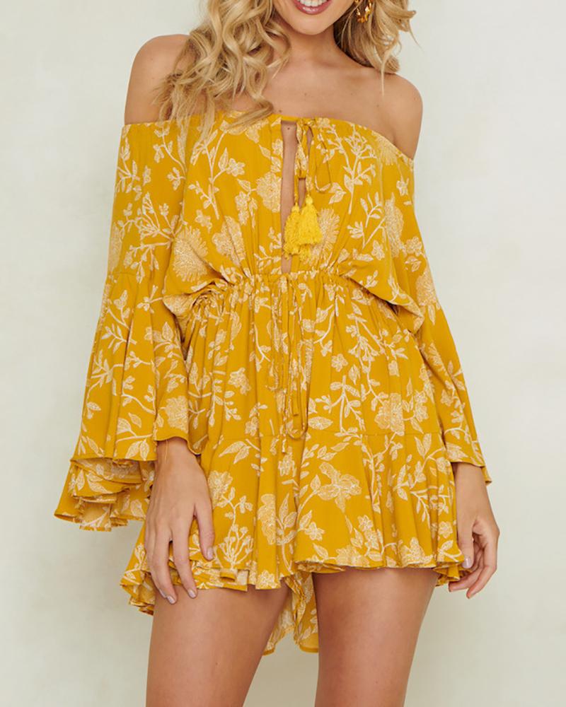 

Off Shoulder Floral Print Long Sleeve Romper, Yellow