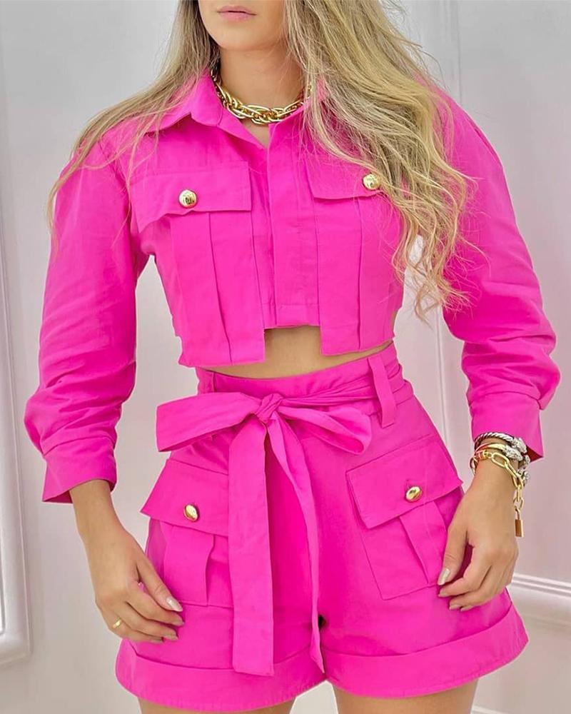 

Buttoned Crop Top & Pocket Design Shorts Set, Hot pink