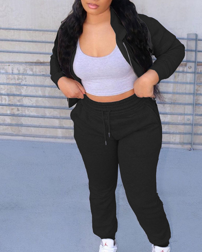 

Zip Up Hooded Top & Drawstring Sweatpants Set, Black