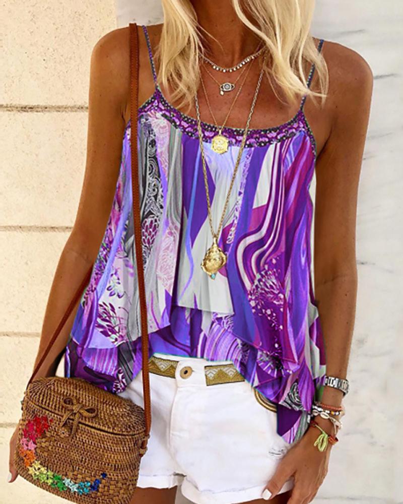 

Tie Dye Print Ruffles Casual Cami Top, Purple