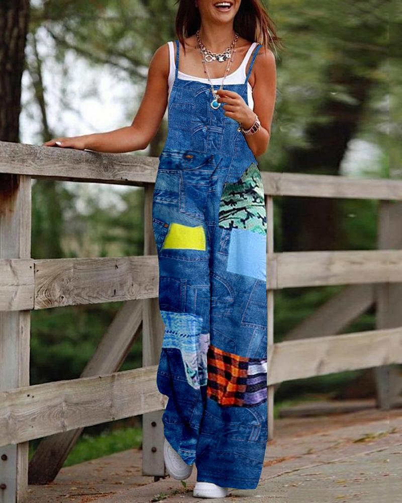 

Denim Look Print Suspender Jumpsuit, Blue