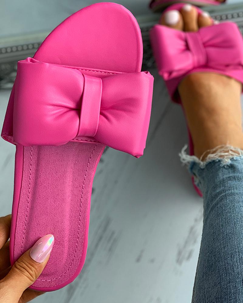 

Bowknot Decor Peep Toe Flat Sandals, Hot pink